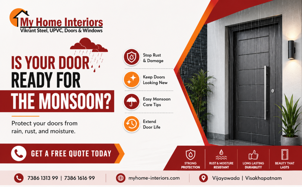 Commercial steel doors protected from monsoon rain with steel windows Vijayawada
